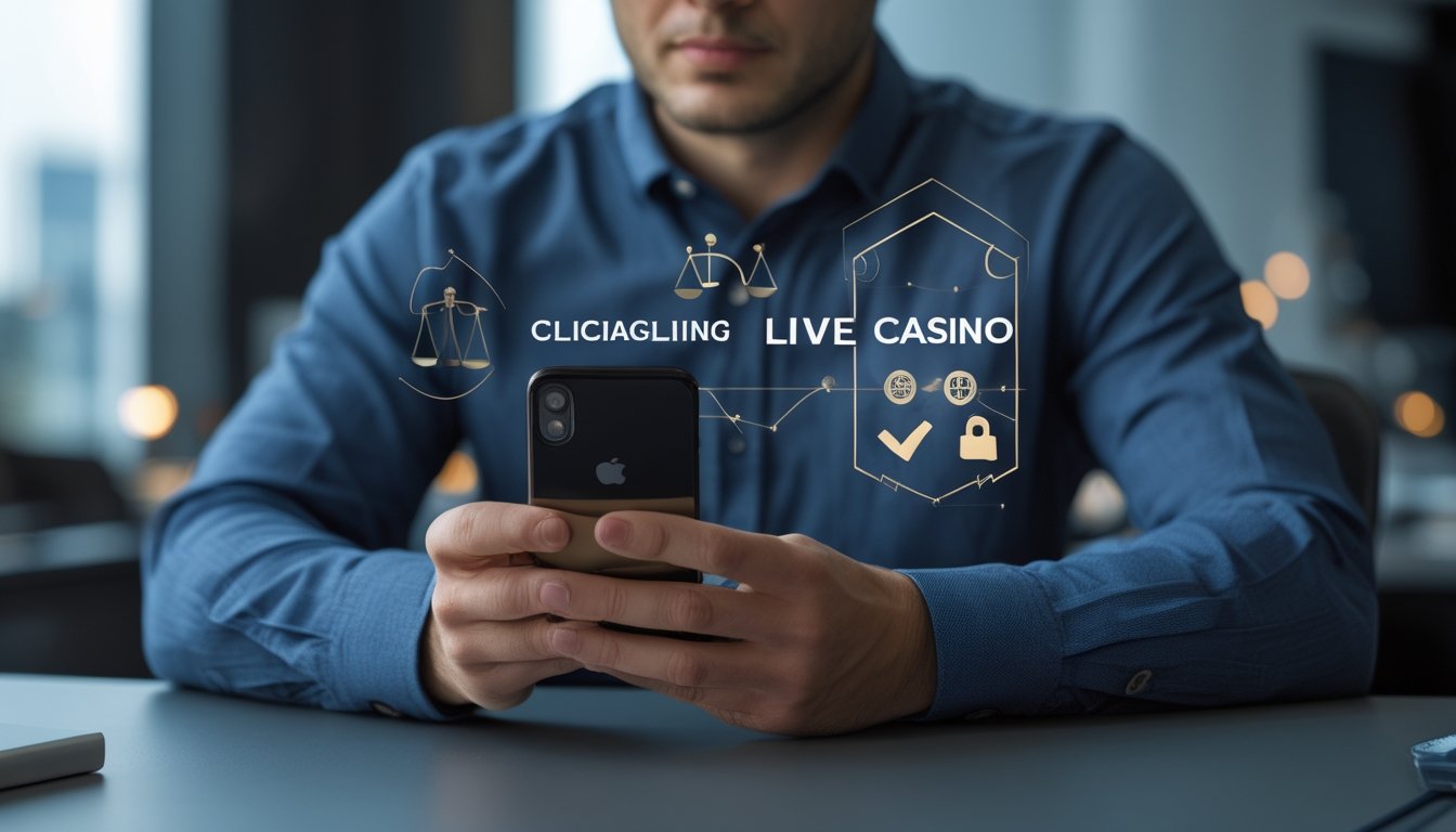 Orang dewasa menggunakan ponsel dengan simbol keamanan digital dan timbangan hukum di meja kerja.