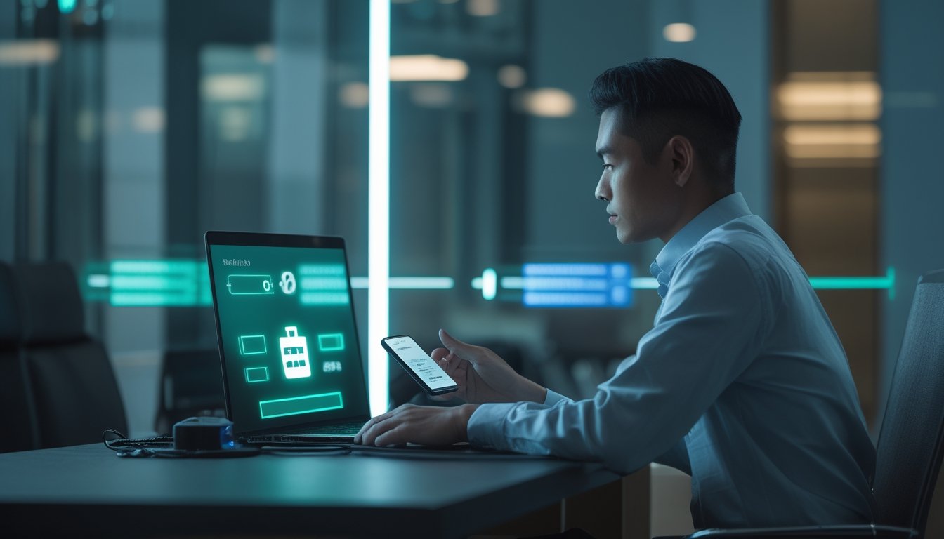 Orang dewasa Indonesia tampak cemas saat menggunakan laptop dan ponsel terkait pembayaran digital.