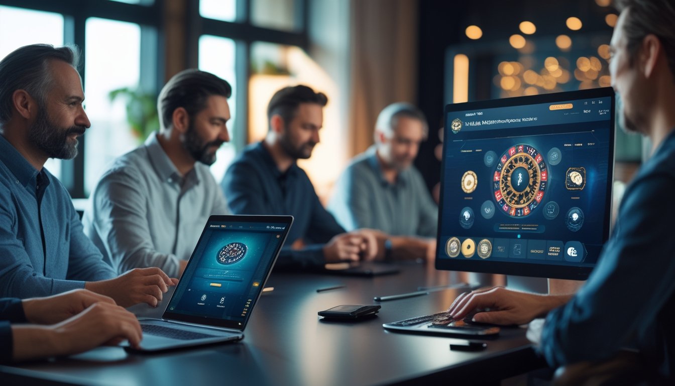 Orang dewasa menggunakan perangkat digital untuk bermain permainan kasino online di lingkungan modern dan aman.
