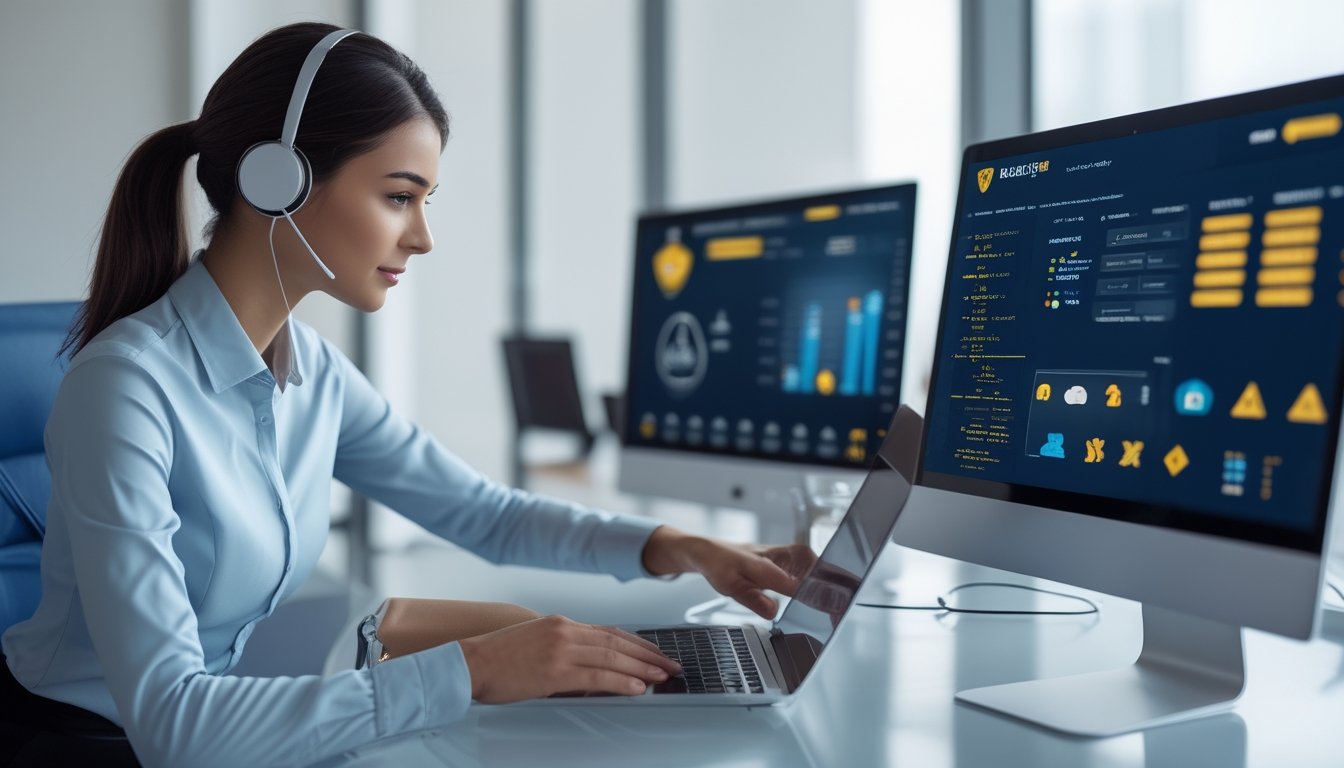 Petugas layanan pelanggan membantu pengguna melalui laptop di kantor modern dengan simbol keamanan digital.