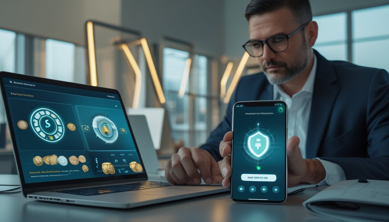 Profesional memeriksa keamanan dan legalitas platform kasino online menggunakan laptop dan ponsel dengan simbol perisai serta gembok.