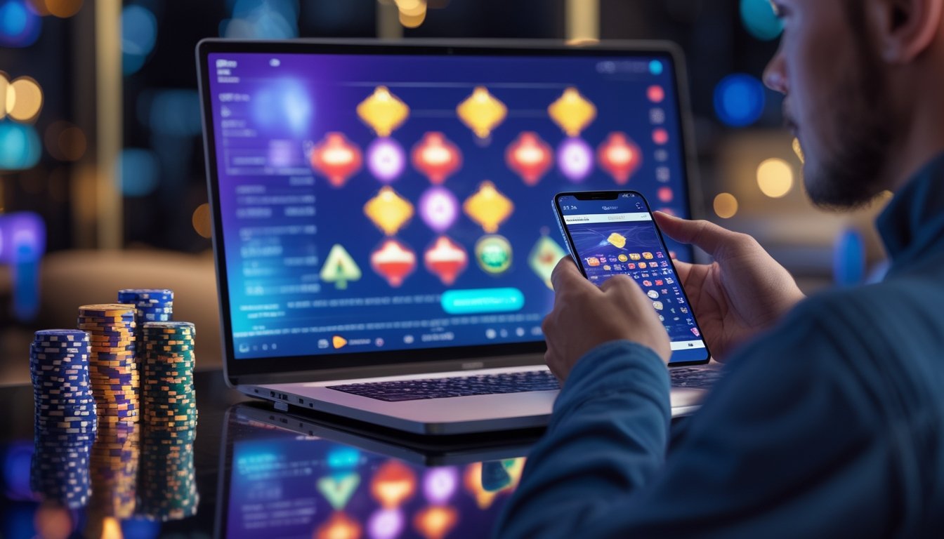 Seseorang menggunakan laptop dan ponsel dengan tampilan bertema kasino digital di ruang modern.