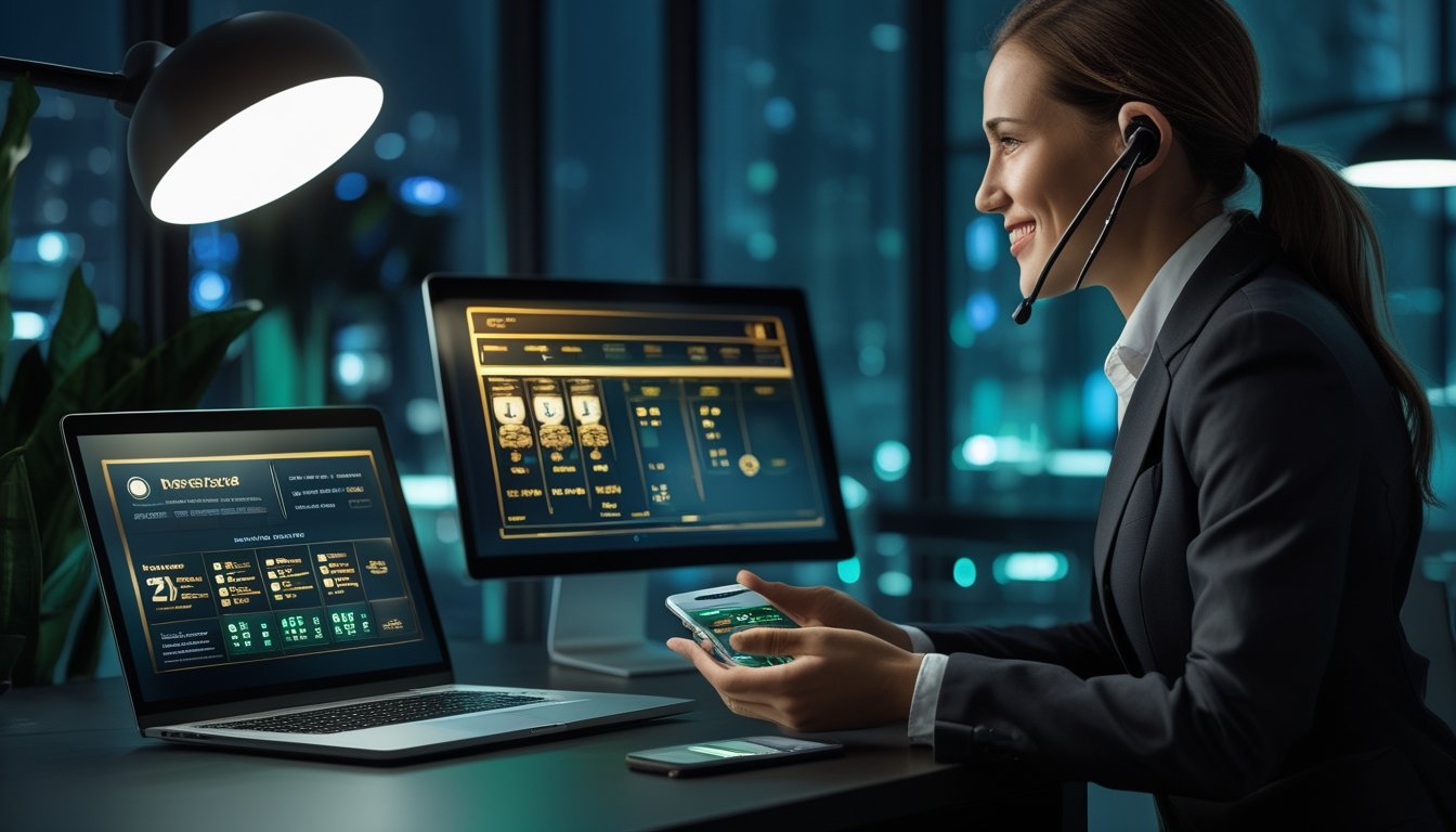 Petugas layanan pelanggan membantu pengguna melalui laptop dan ponsel dalam suasana kantor modern.