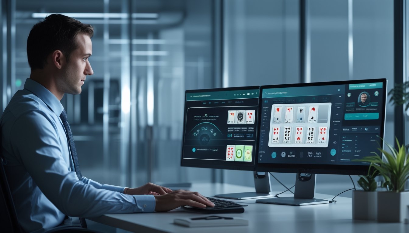 Petugas layanan pelanggan bekerja di depan layar blackjack digital dan sistem dukungan daring di kantor modern.