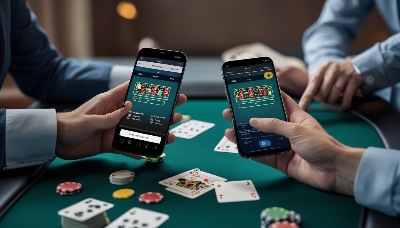 Dua orang dewasa menggunakan ponsel untuk bermain blackjack di meja bergaya kasino.