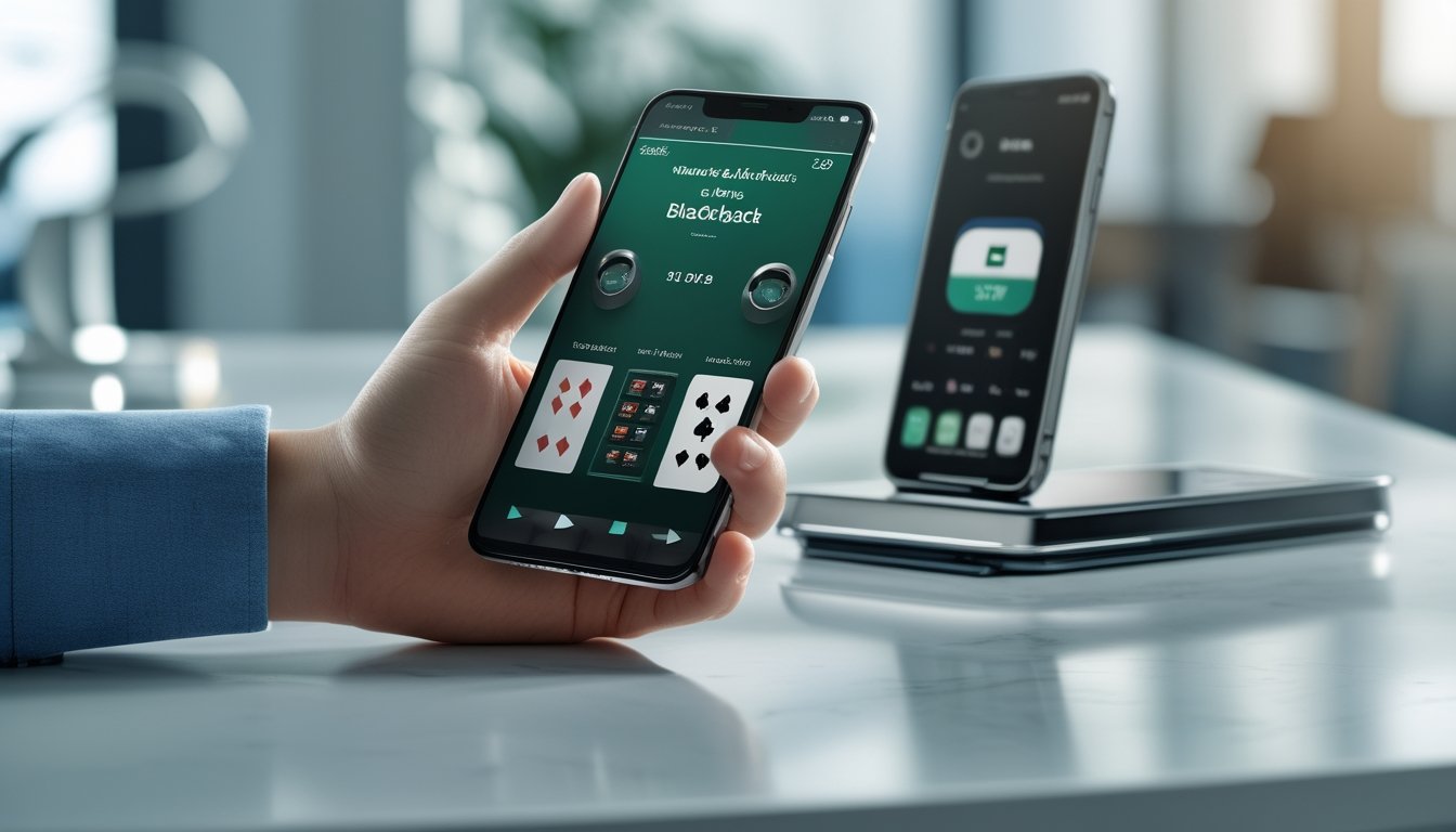 Seseorang menggunakan ponsel untuk memainkan blackjack di meja modern dengan ponsel lain di dekatnya.