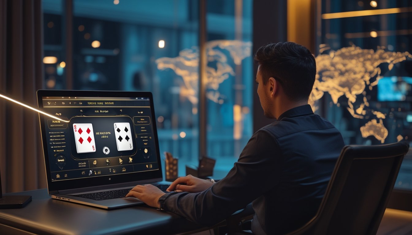Seorang pemain dewasa melihat permainan blackjack online di laptop pada meja kerja modern.