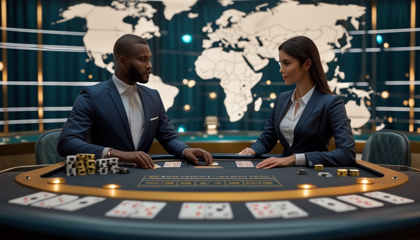 Suasana kasino modern dengan meja blackjack, kartu, chip, dealer, dan pemain di depan latar bernuansa jaringan internasional.