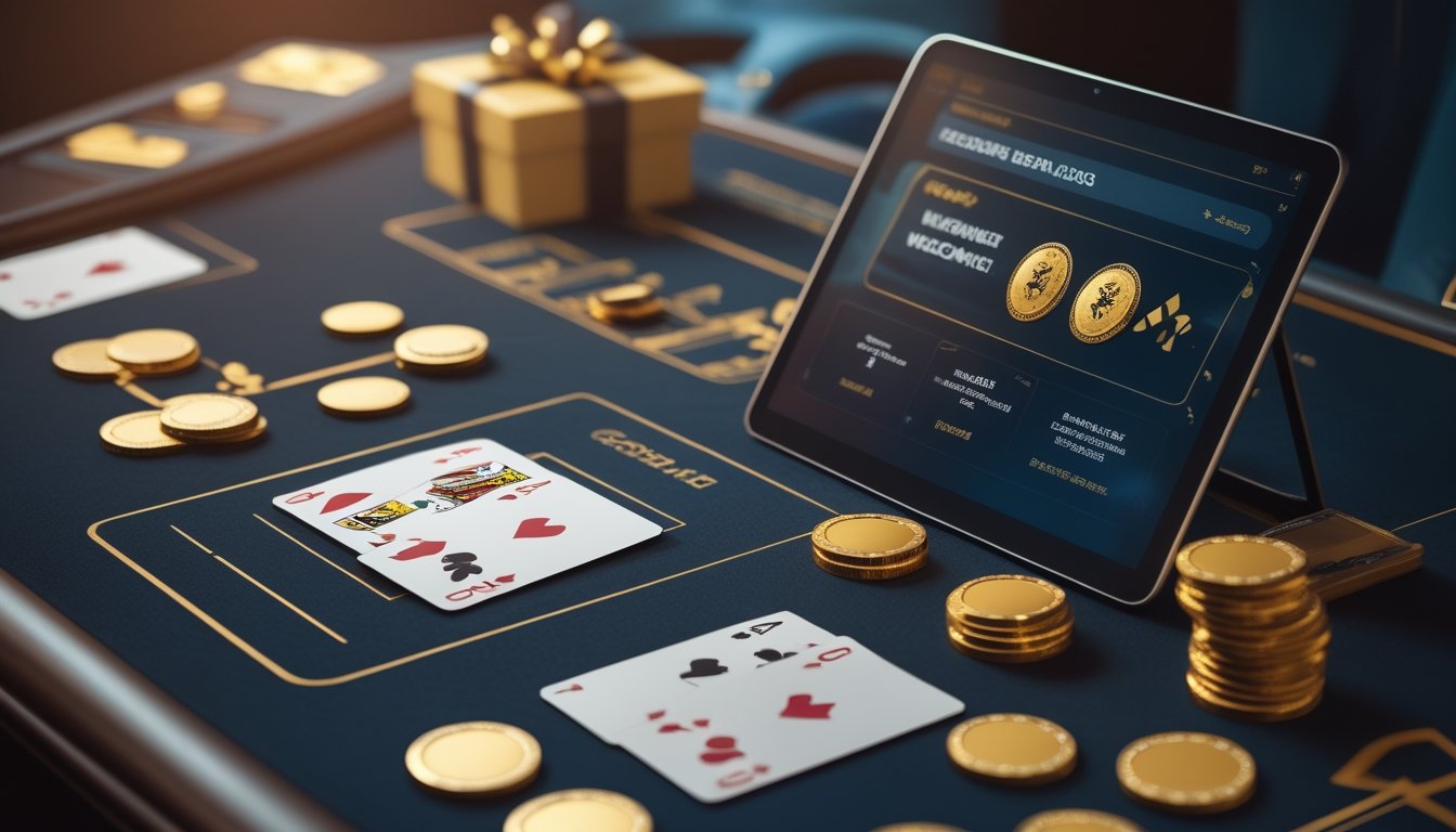 Meja blackjack dengan kartu, keping taruhan, dan perangkat digital yang menampilkan permainan kasino.