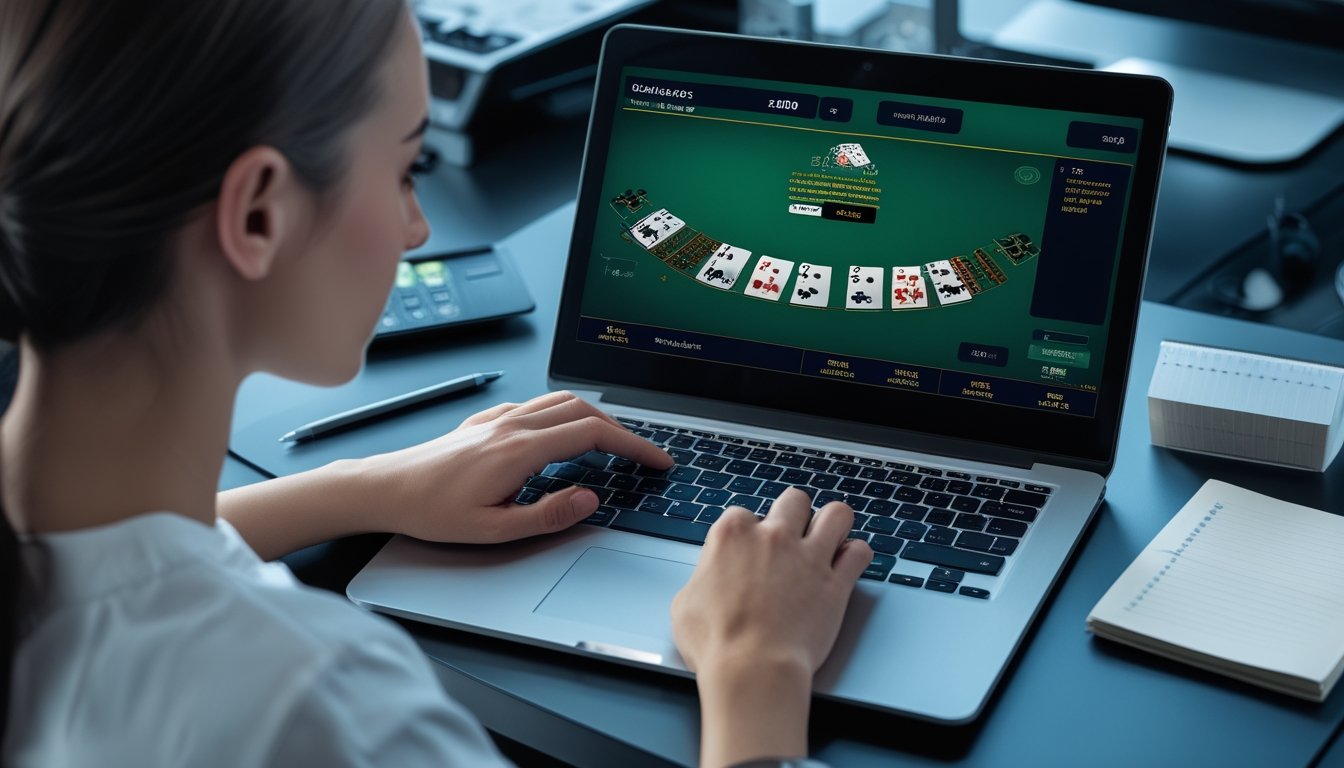 Seseorang sedang menganalisis meja blackjack online di laptop dengan kartu, kalkulator, dan catatan di meja.