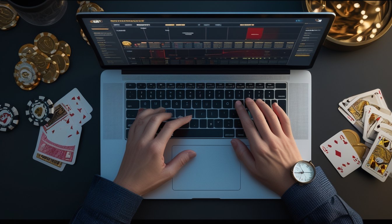 Seseorang menilai pilihan meja blackjack online di laptop dengan kartu, chip, dan alat analisis di atas meja.