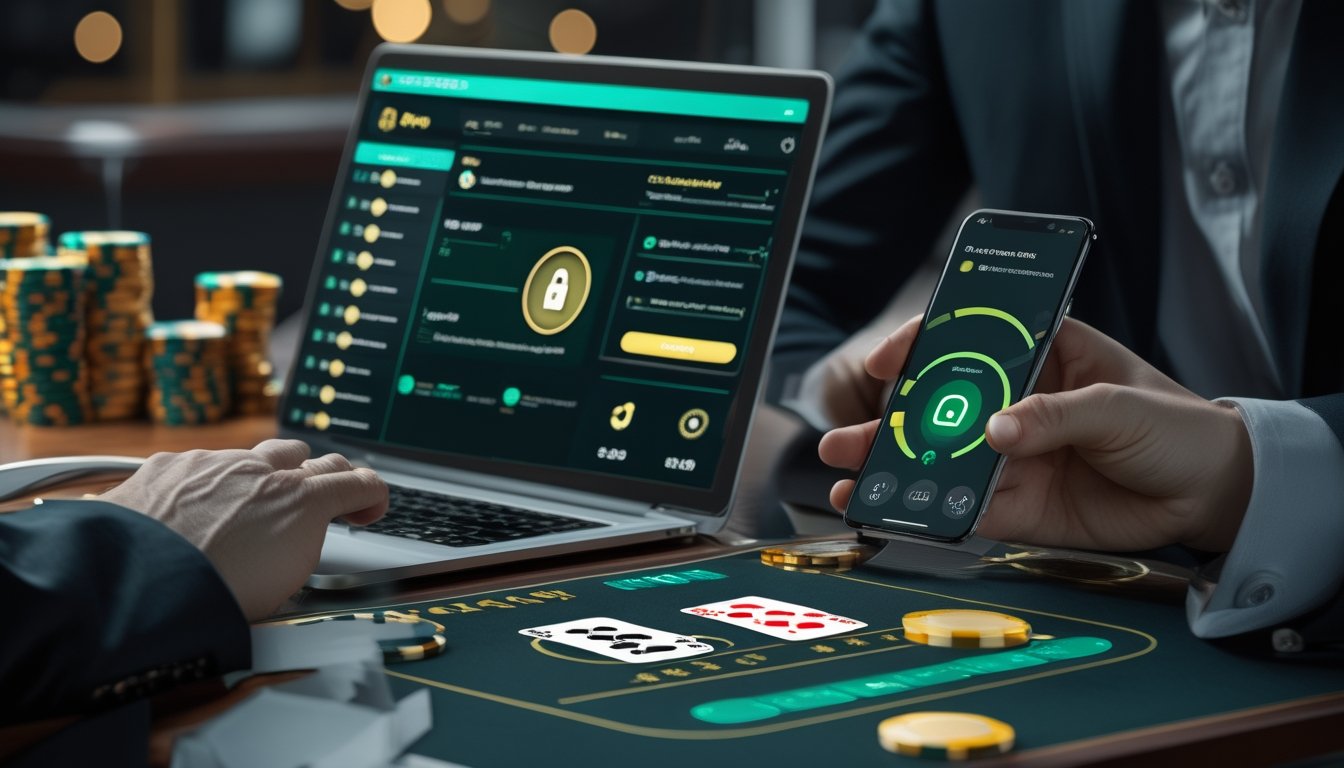 Laptop menampilkan permainan blackjack dan ponsel menampilkan pembayaran dompet digital di atas meja modern.