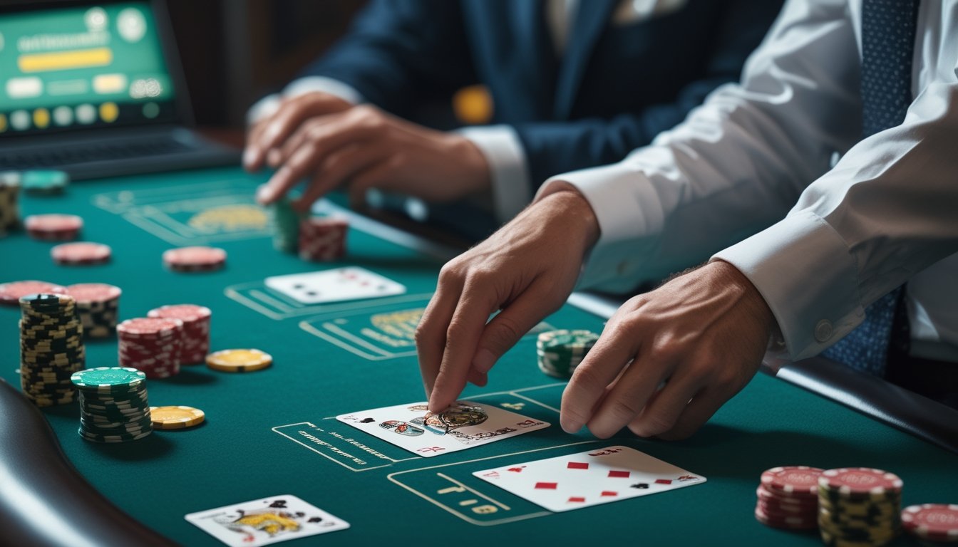 Meja blackjack dengan kartu, keping kasino, dan laptop yang menampilkan antarmuka permainan daring.