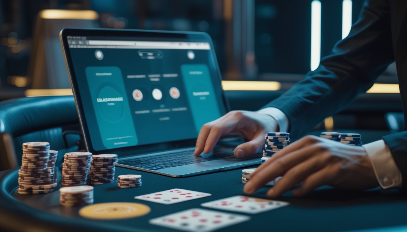 Meja blackjack dengan kartu, keping kasino, dan layar komputer yang menampilkan permainan blackjack.