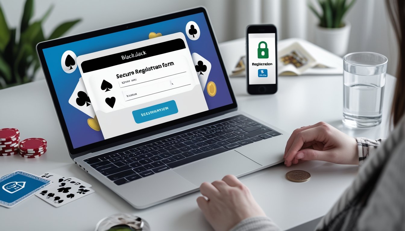 Laptop dan ponsel menampilkan proses pendaftaran akun blackjack online dengan simbol keamanan, ditemani kartu dan chip kasino.