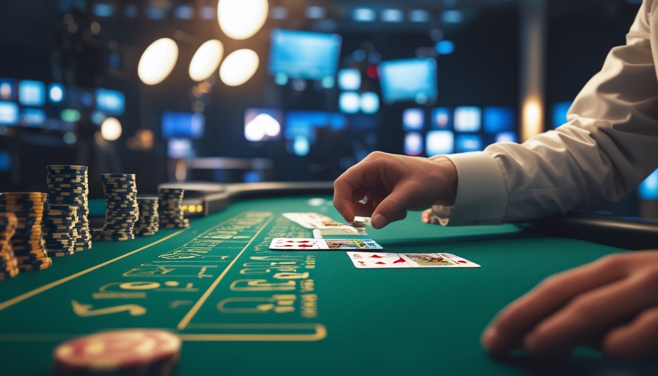 Meja blackjack dengan kartu, keping kasino, dan tangan dealer di studio siaran modern.