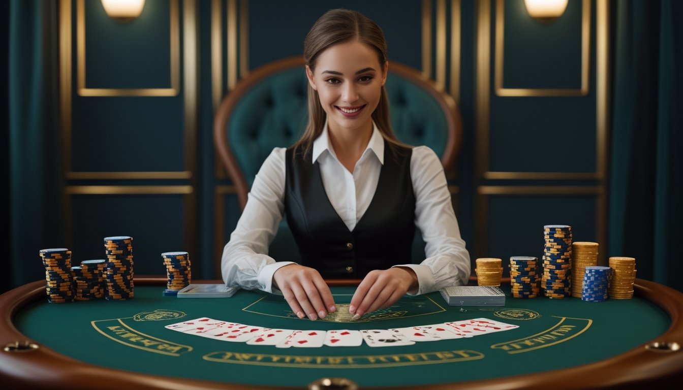 Dealer blackjack membagikan kartu di meja kasino dengan tumpukan chip di depannya.