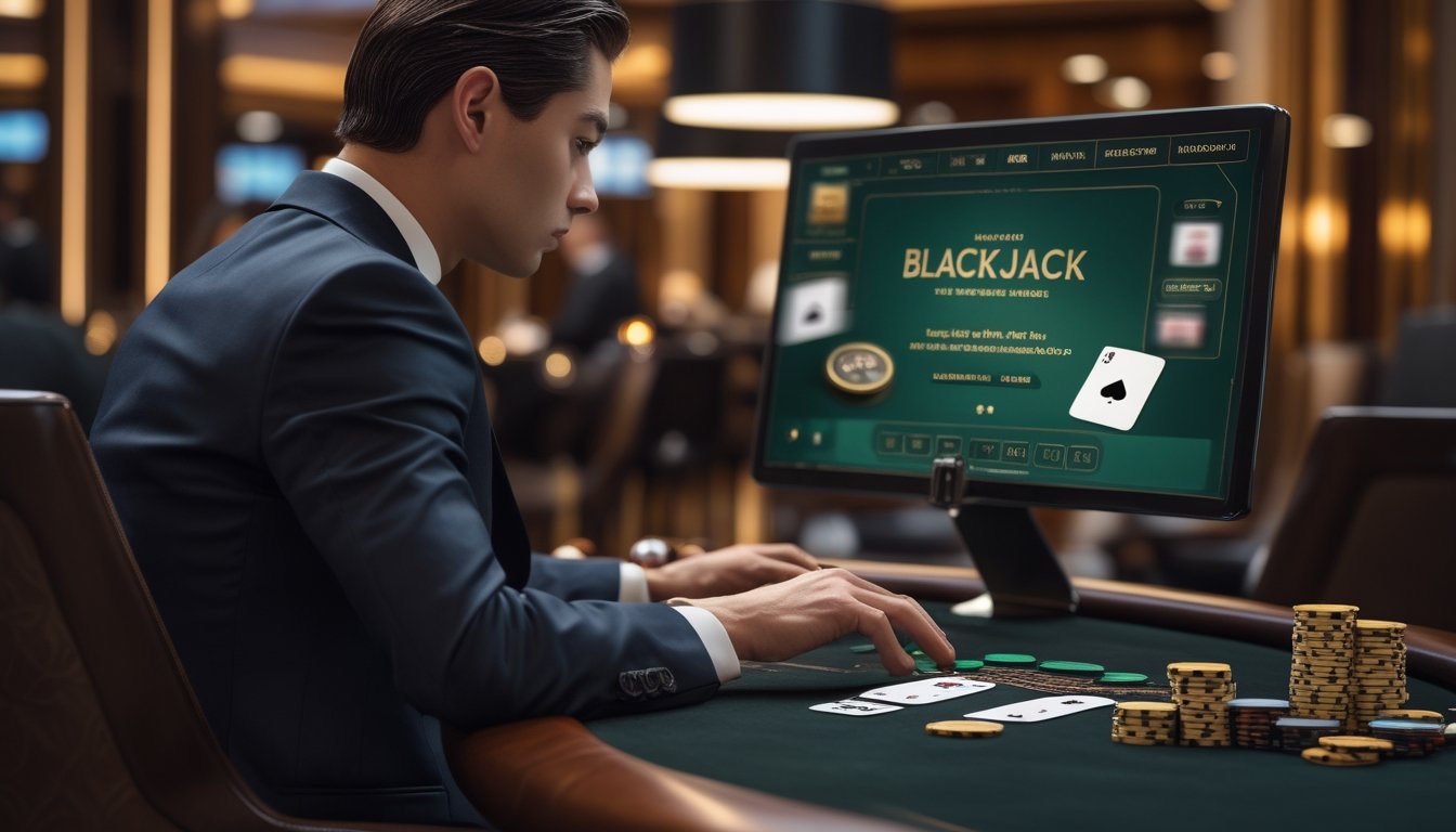 Seorang pemain berpakaian elegan bermain blackjack di meja kasino mewah dengan kartu dan keping taruhan.