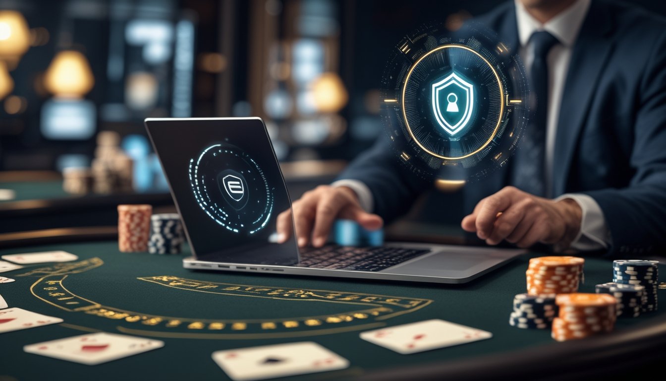 Pemain dewasa memeriksa transaksi aman di laptop di samping meja blackjack dengan kartu dan keping kasino.