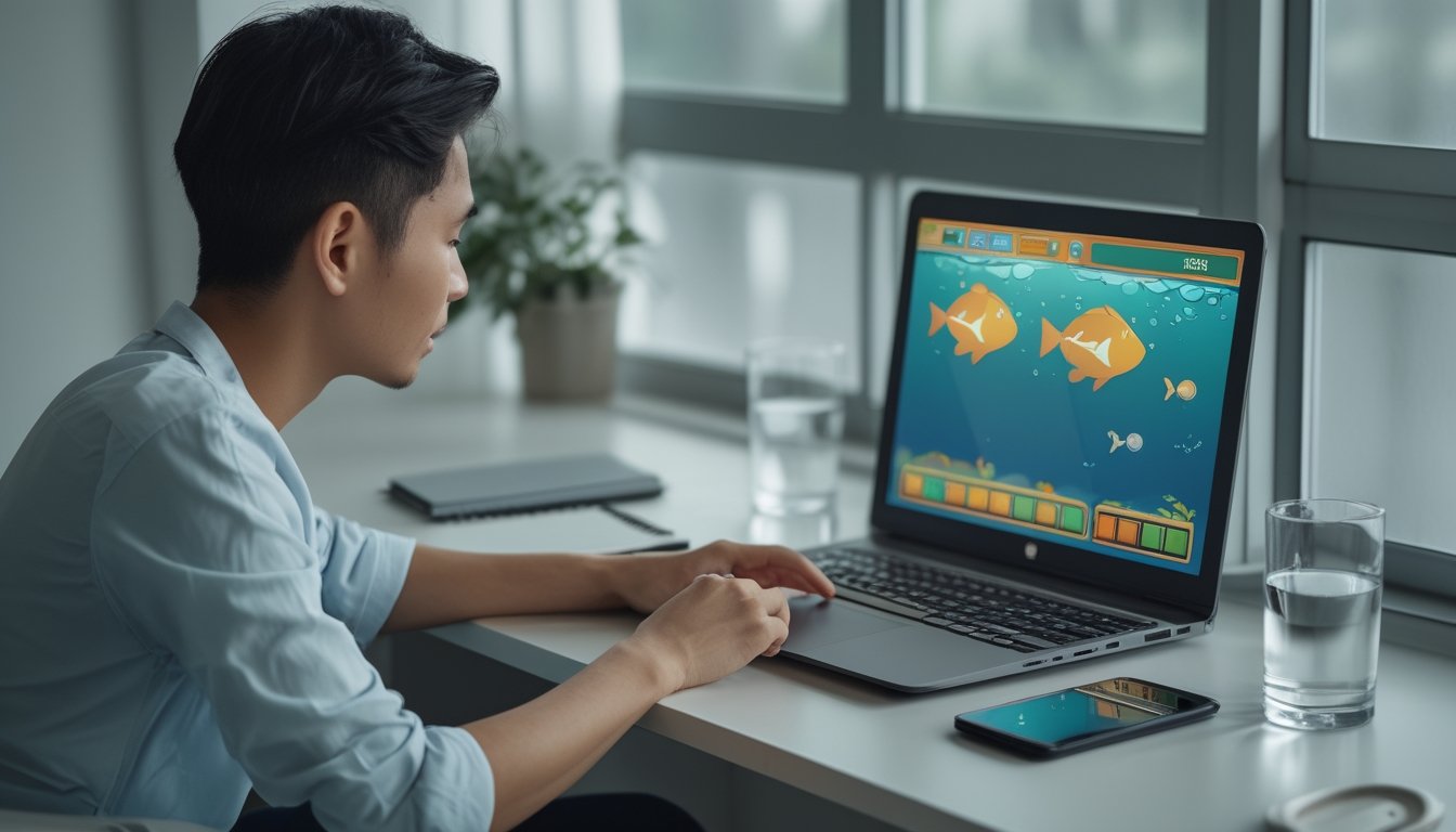 Seorang pemain duduk di meja dengan laptop permainan bawah laut, kalkulator, dan buku catatan, tampak tenang setelah mengambil jeda.