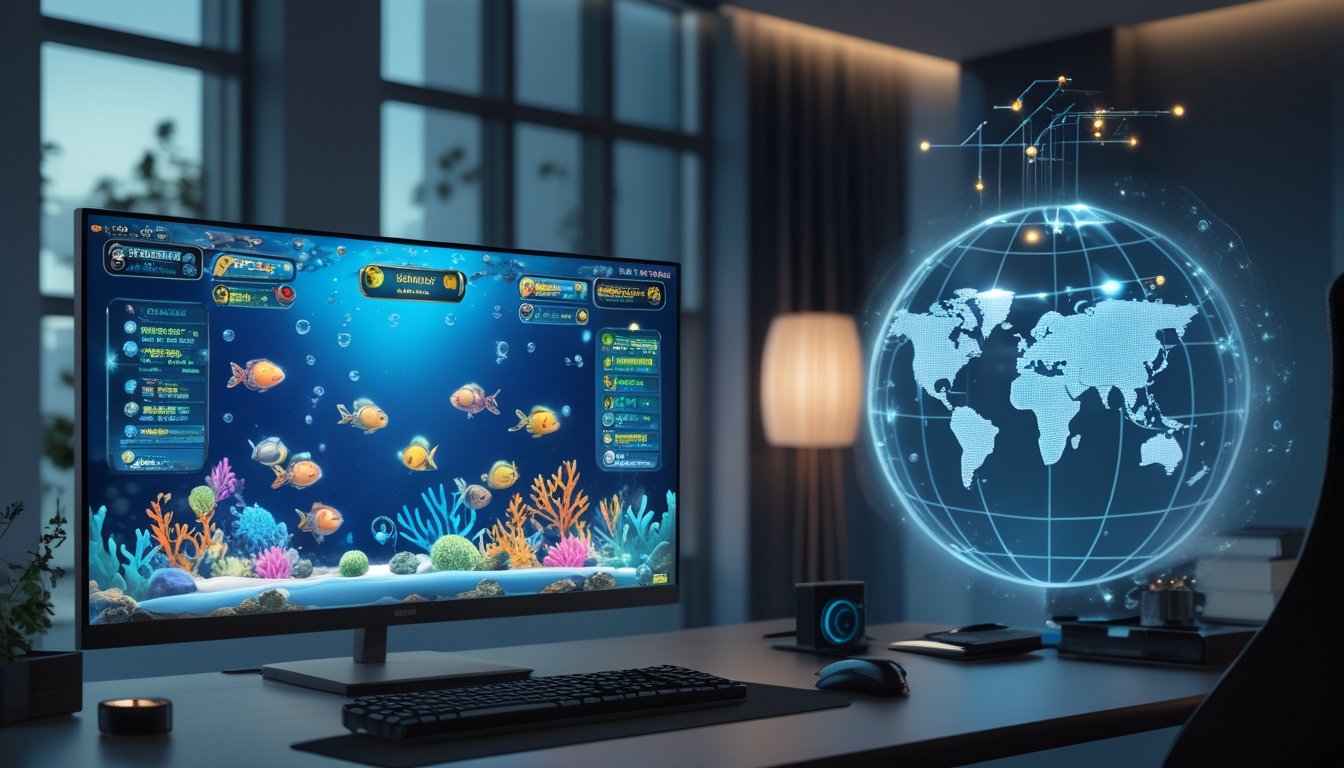 Komputer menampilkan permainan menembak ikan dengan latar jaringan server global.