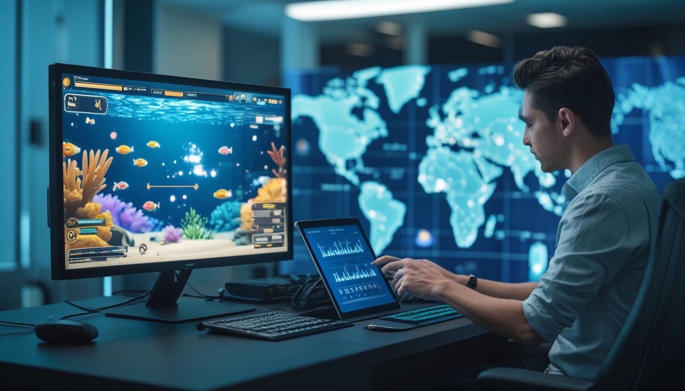 Seorang analis meninjau data permainan ikan digital dengan visual jaringan server internasional di ruang kerja modern.