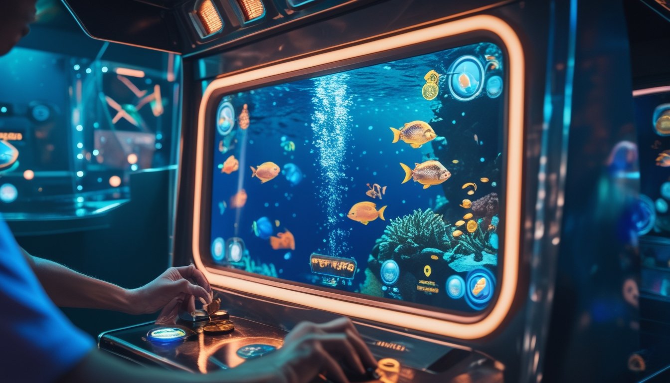 Pemain mengarahkan meriam virtual secara hati-hati ke ikan berwarna-warni dalam permainan arcade bawah laut.