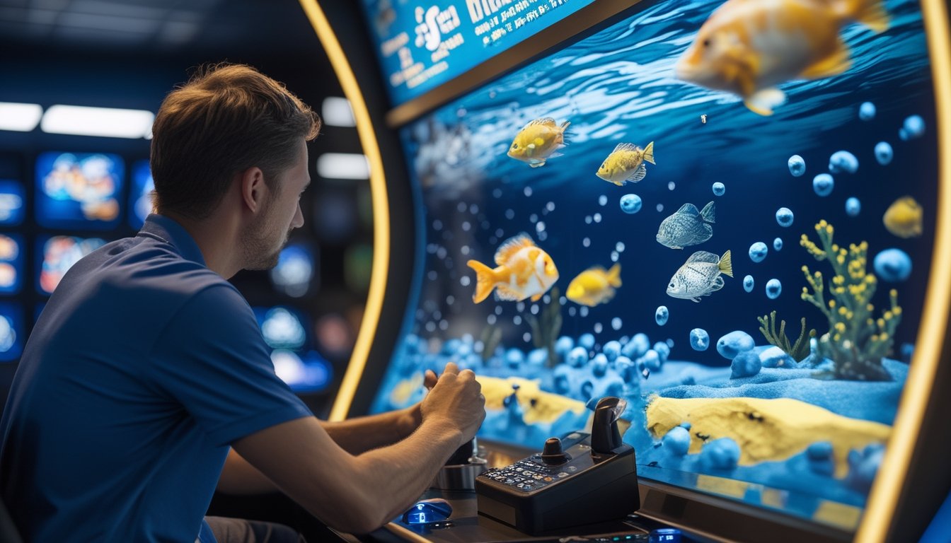 Pemain mengarahkan meriam digital ke ikan di layar permainan bawah laut dengan token tersusun di samping kontrol.