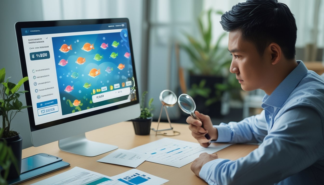 Seorang profesional menilai kredibilitas platform permainan ikan online menggunakan laptop, daftar pemeriksaan, dan simbol keamanan.