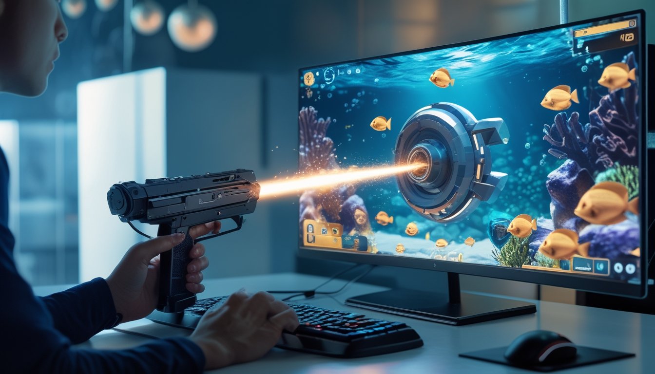Tangan pemain mengendalikan permainan menembak ikan bawah laut dengan meriam energi futuristik di layar komputer.
