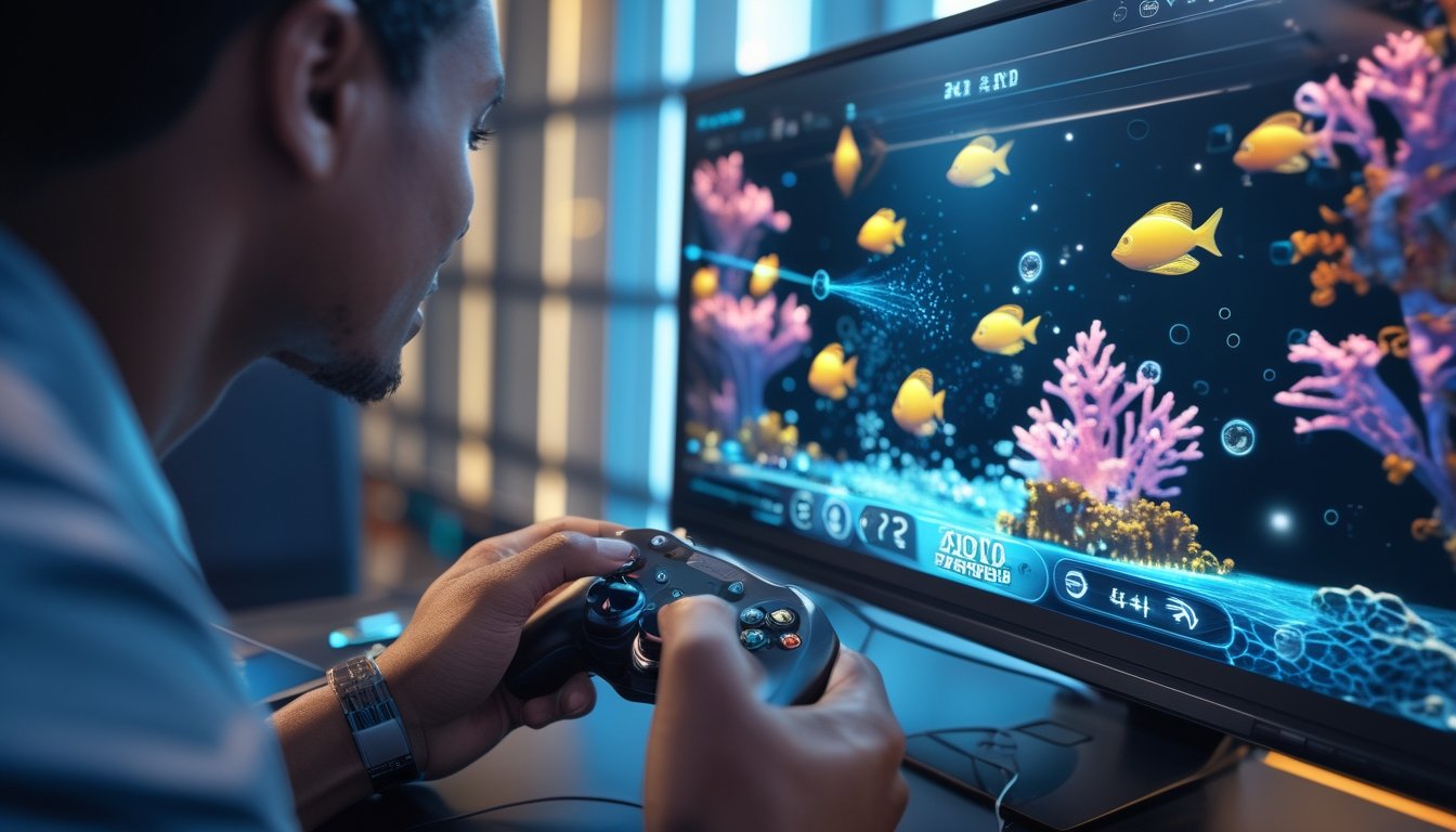 Seseorang memainkan permainan tembak ikan dengan latar bawah laut berwarna-warni di layar monitor.