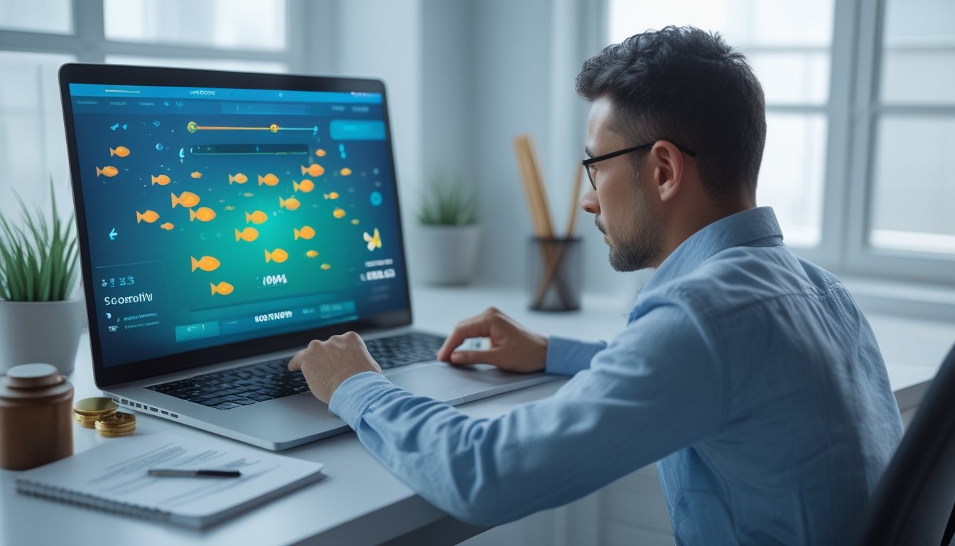 Seseorang memeriksa platform permainan tembak ikan daring di laptop dengan simbol keamanan dan verifikasi di ruang kerja.