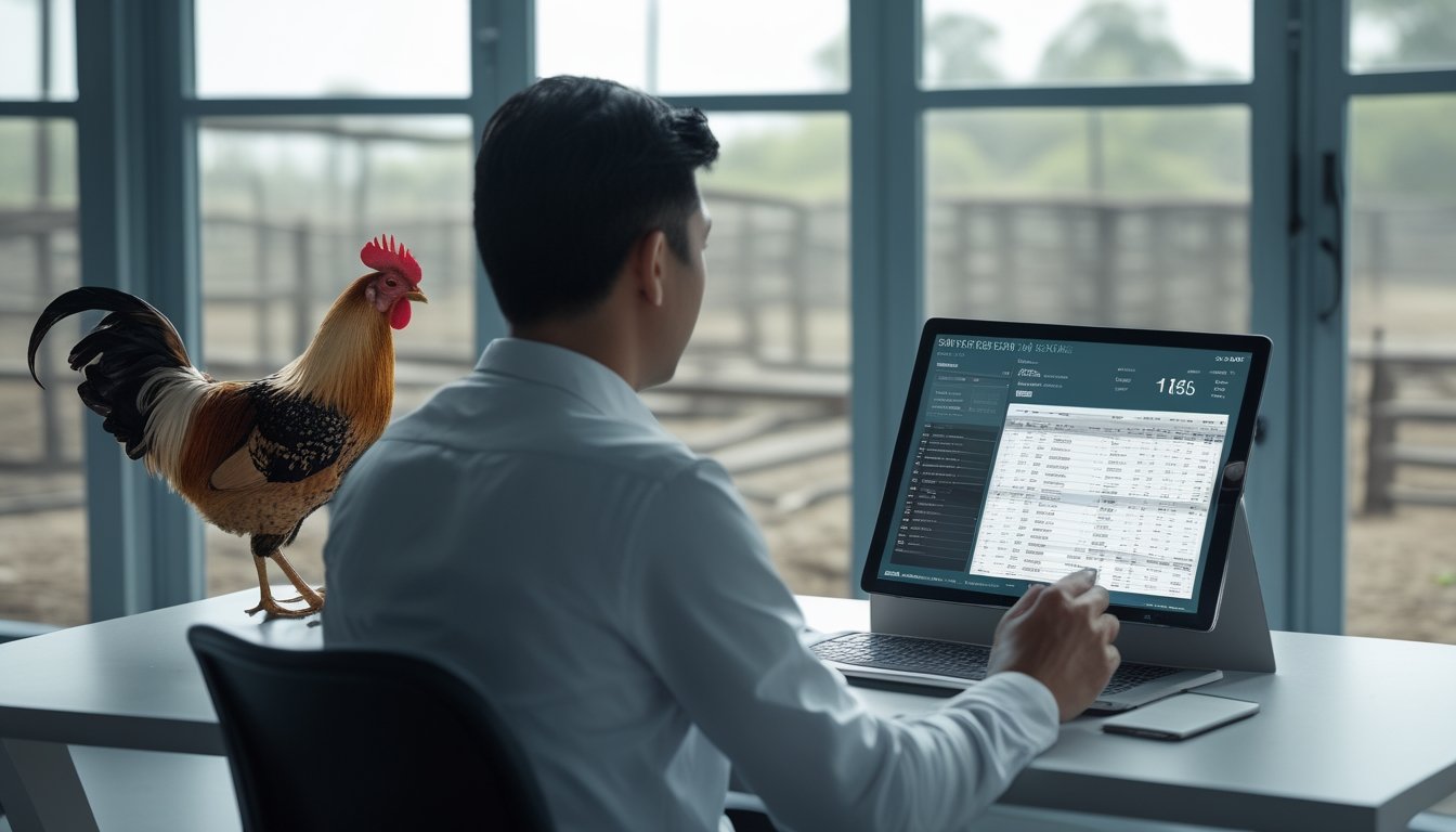 Seseorang menganalisis data pertandingan di meja kerja dengan ayam jantan terlihat aman di latar belakang.