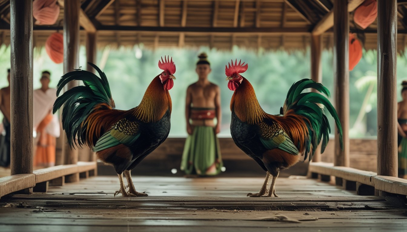 Dua ayam jantan berbulu cerah berada di kandang kayu dalam arena tradisional dengan beberapa orang mengamati dari kejauhan.