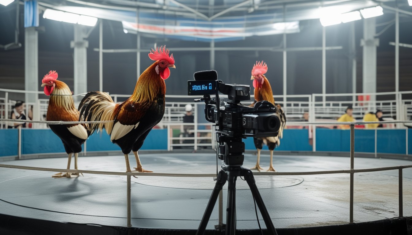 Siaran langsung pertandingan ayam jago di arena Filipina dengan kru kamera dan penonton.