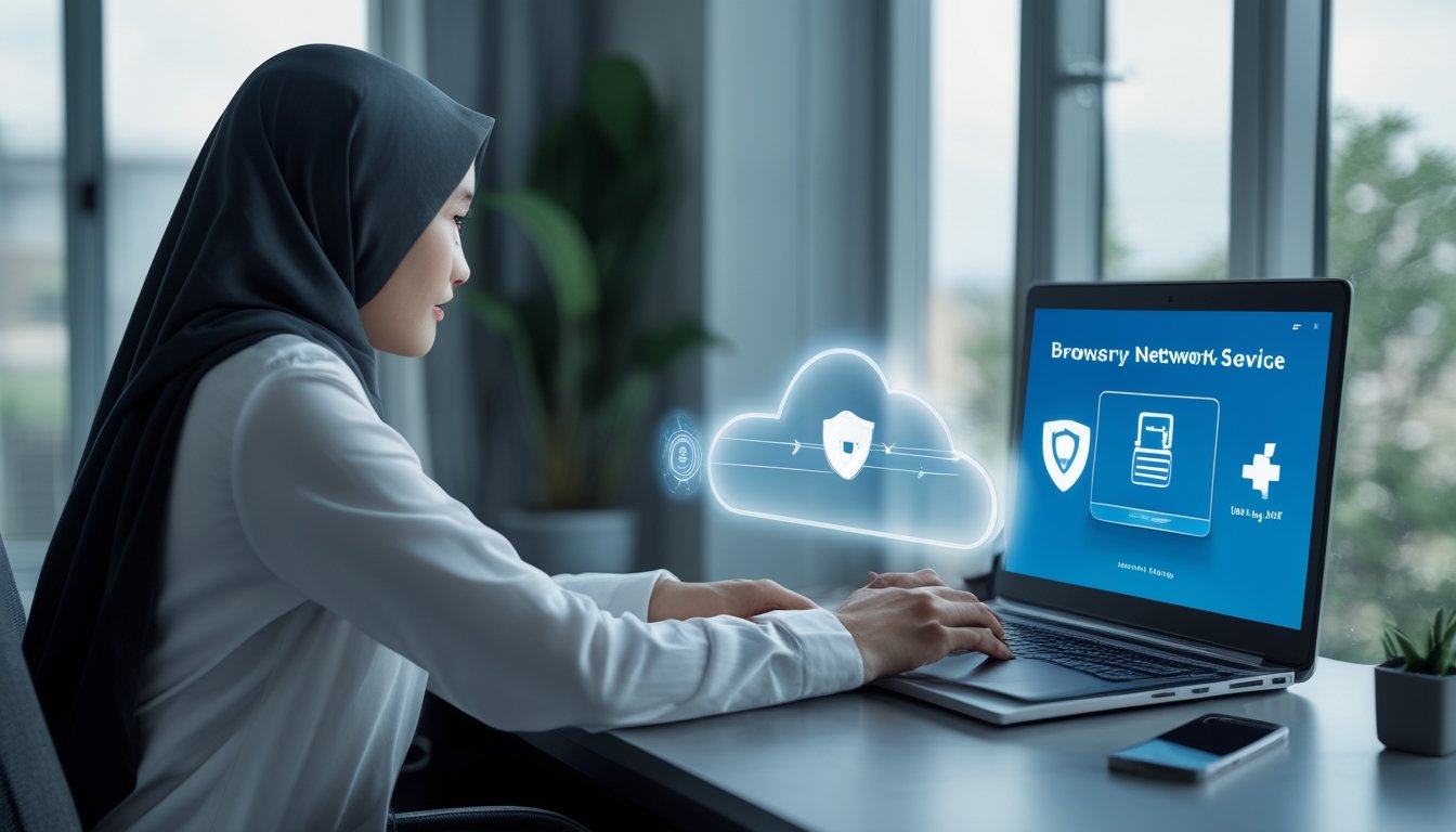 Pengguna memeriksa koneksi internet di laptop dengan simbol keamanan jaringan di ruang kerja modern.