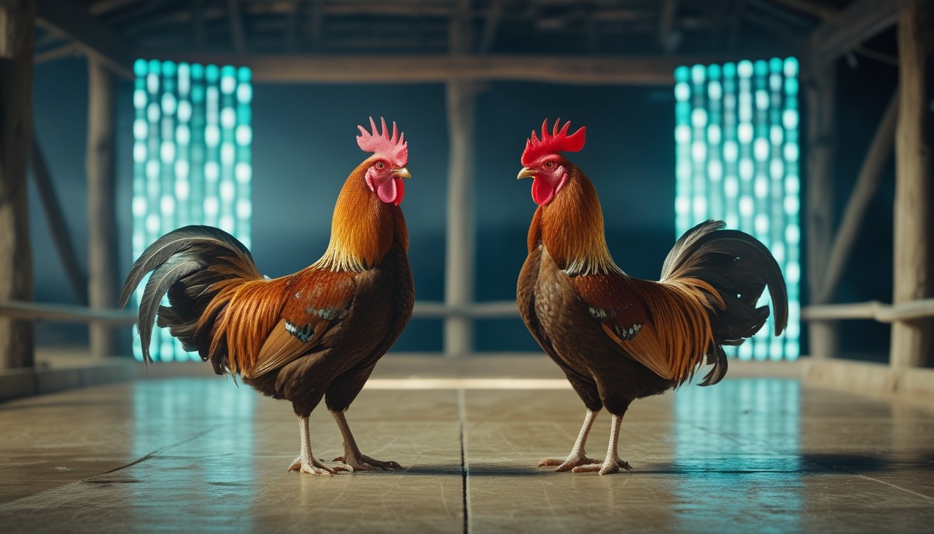 Dua ayam jantan berdiri tenang di arena pedesaan yang bersih dengan latar cahaya digital lembut.