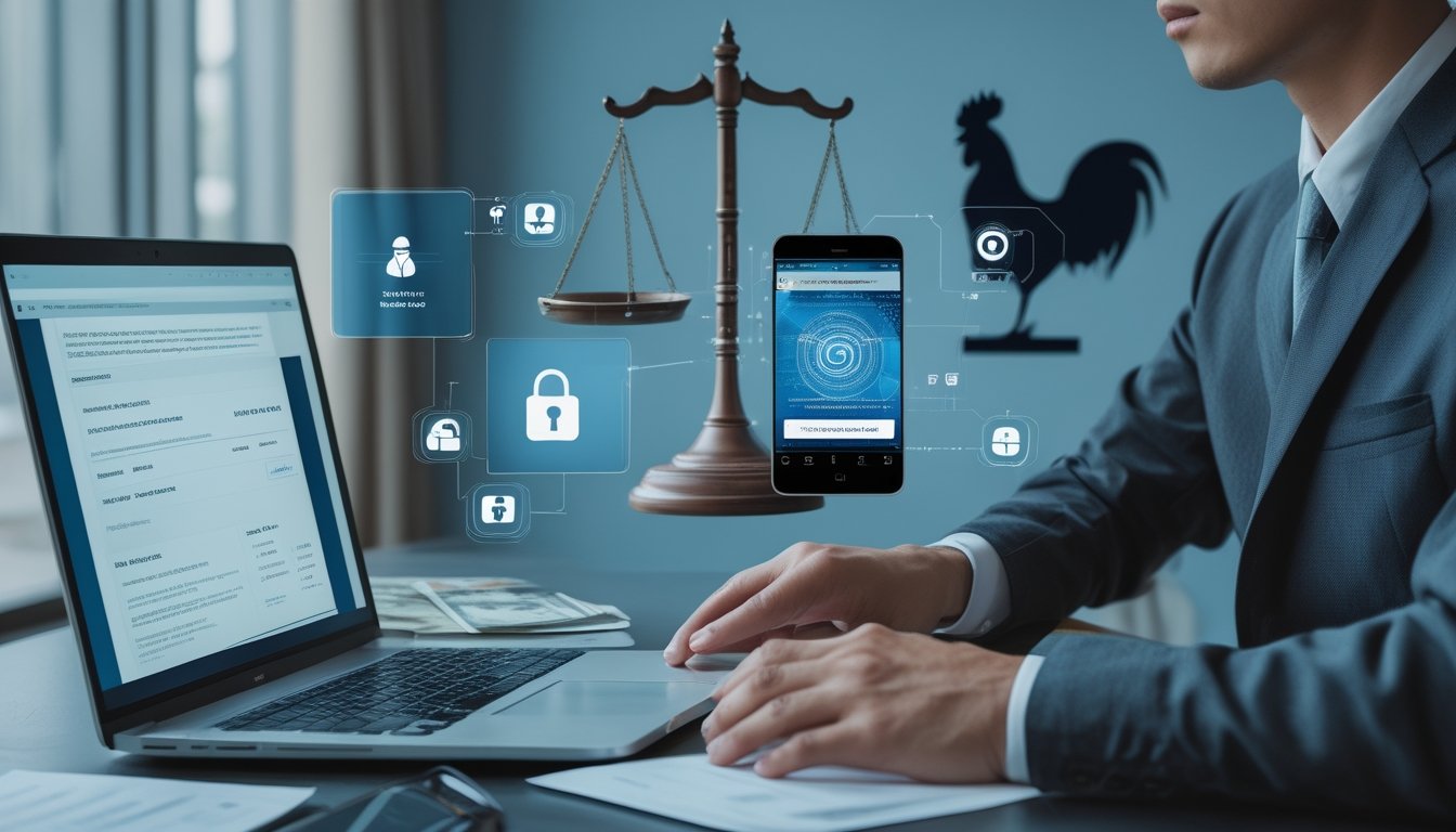 Seseorang meninjau informasi hukum dan risiko digital di laptop dalam suasana ruang kerja modern, dengan simbol keadilan dan keamanan siber di latar belakang.