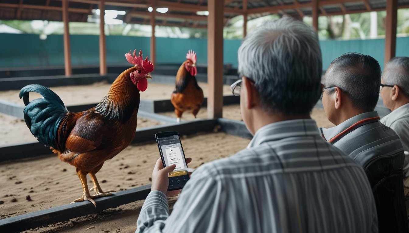 Orang dewasa mengamati ayam jantan yang ditempatkan aman di arena tradisional yang tertata rapi sambil menggunakan ponsel.