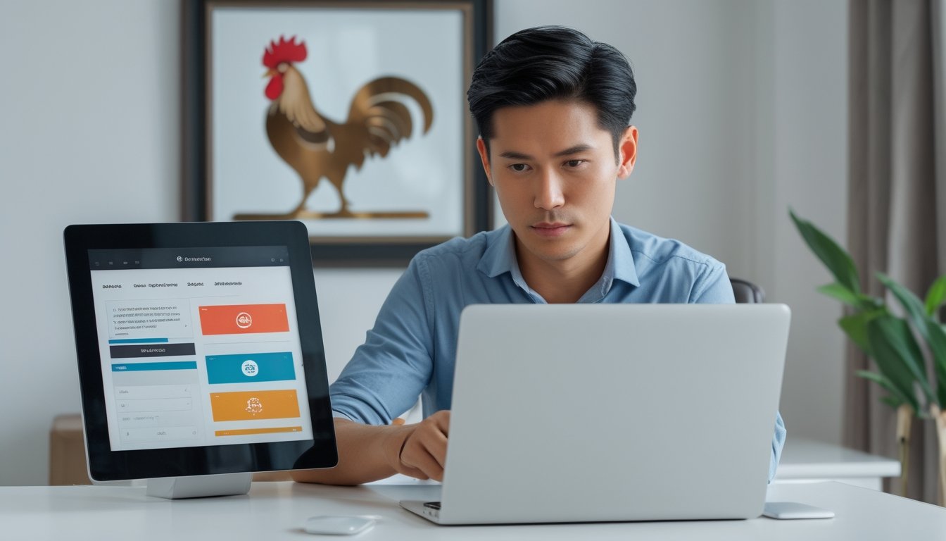 Seseorang membandingkan beberapa platform digital di laptop dan tablet dalam ruang kerja modern.