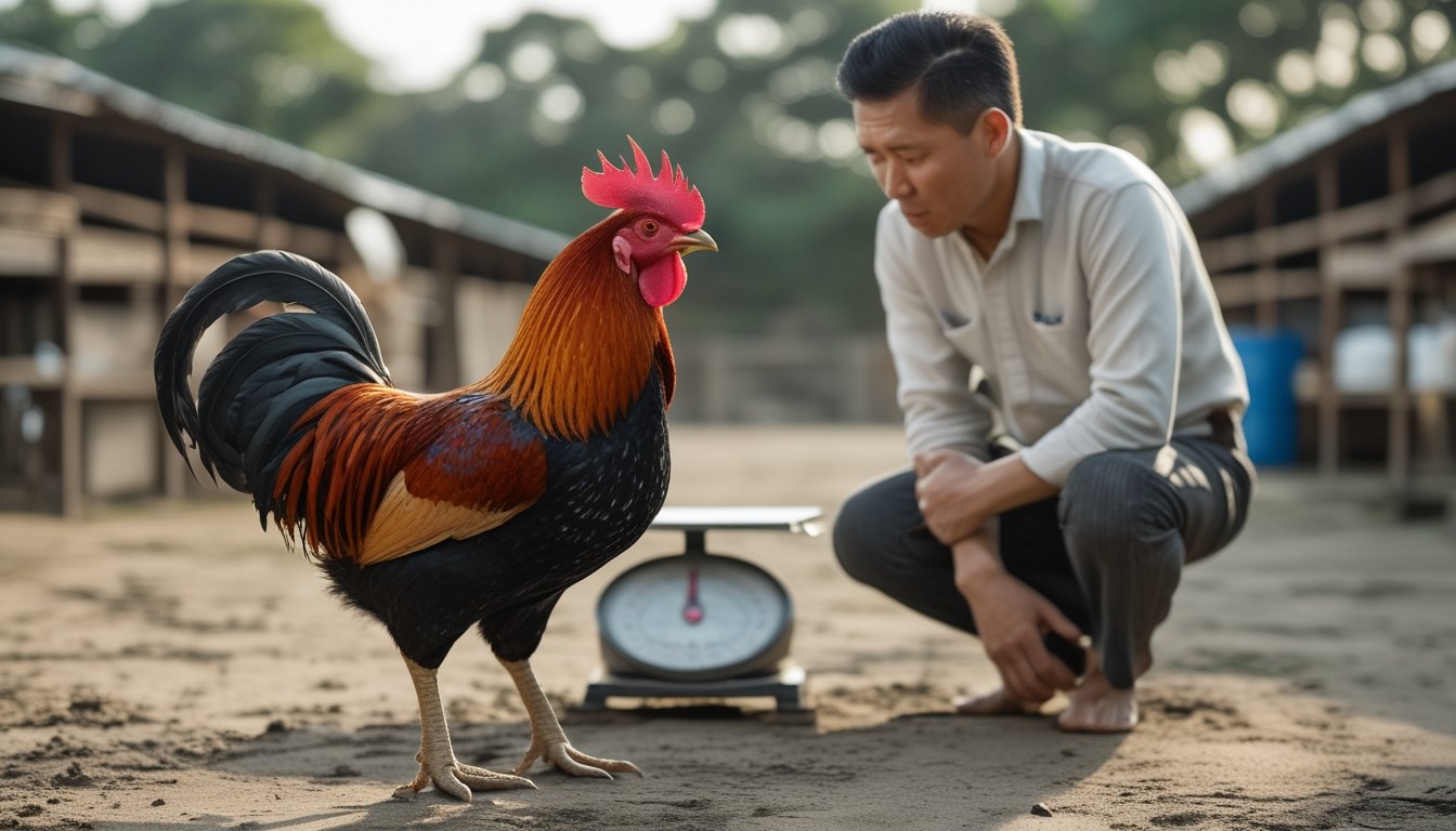Seorang pengamat menilai ayam jago sehat di halaman pelatihan dengan kandang kayu dan alat penimbangan.