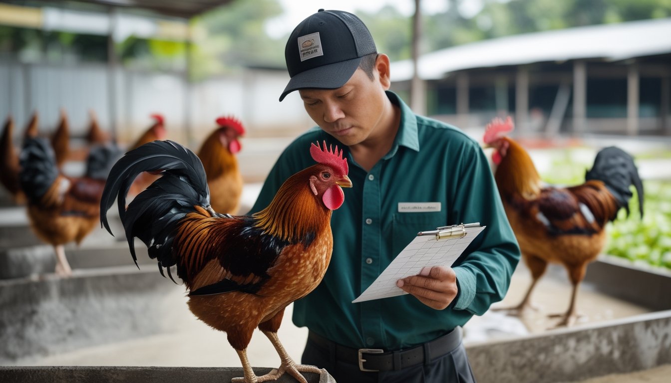 Seorang pemeriksa mengamati ayam jago sehat di area peternakan dengan beberapa kandang di latar belakang.