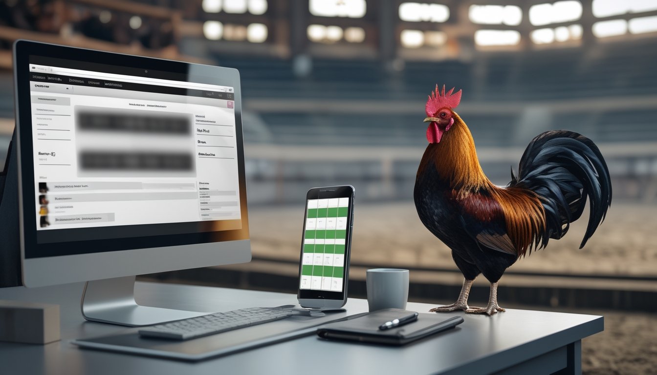 Laptop dan ponsel menampilkan forum serta jadwal samar di dekat arena tradisional dengan seekor ayam jantan sehat.