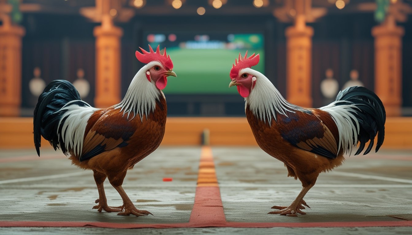 Dua ayam jantan sehat berada di arena yang bersih dengan pengawas dan peralatan teknologi di latar belakang.