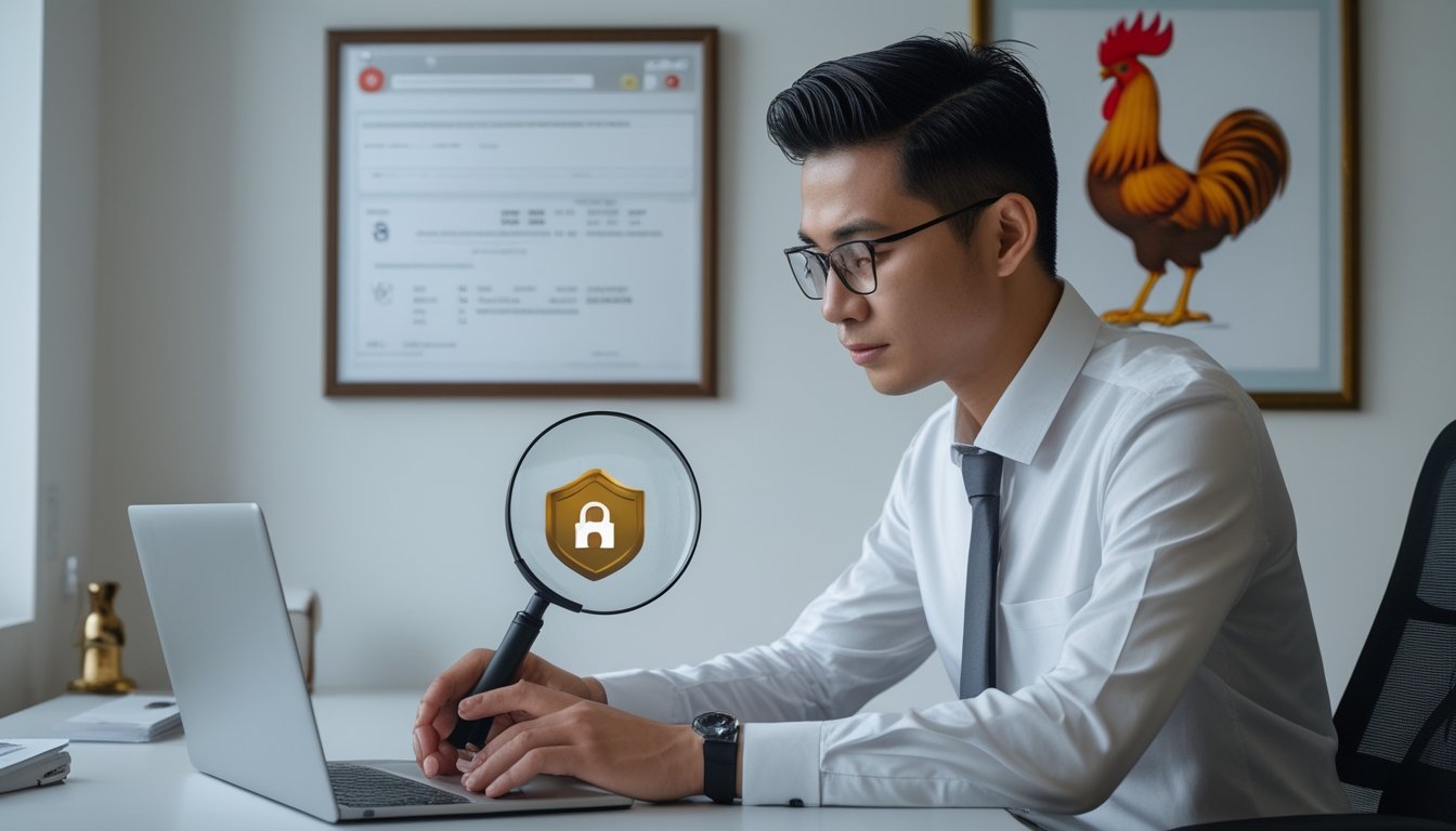 Seorang analis memeriksa keamanan dan verifikasi platform digital di meja kerja dengan simbol perisai serta dekorasi ayam tradisional.