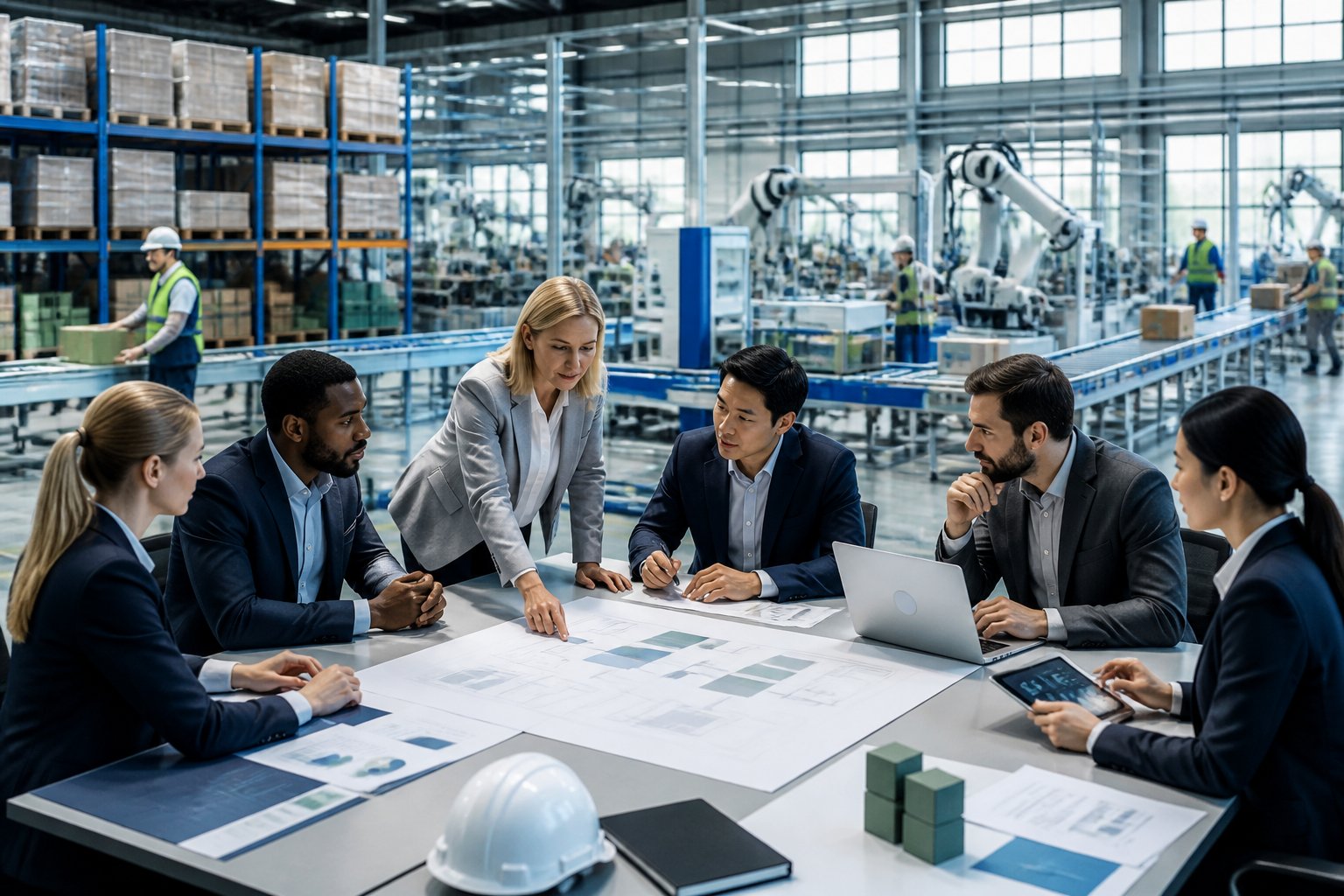 Business professionals review operations and funding plans in a modernized manufacturing facility while automated equipment and organized workflows operate in the background.