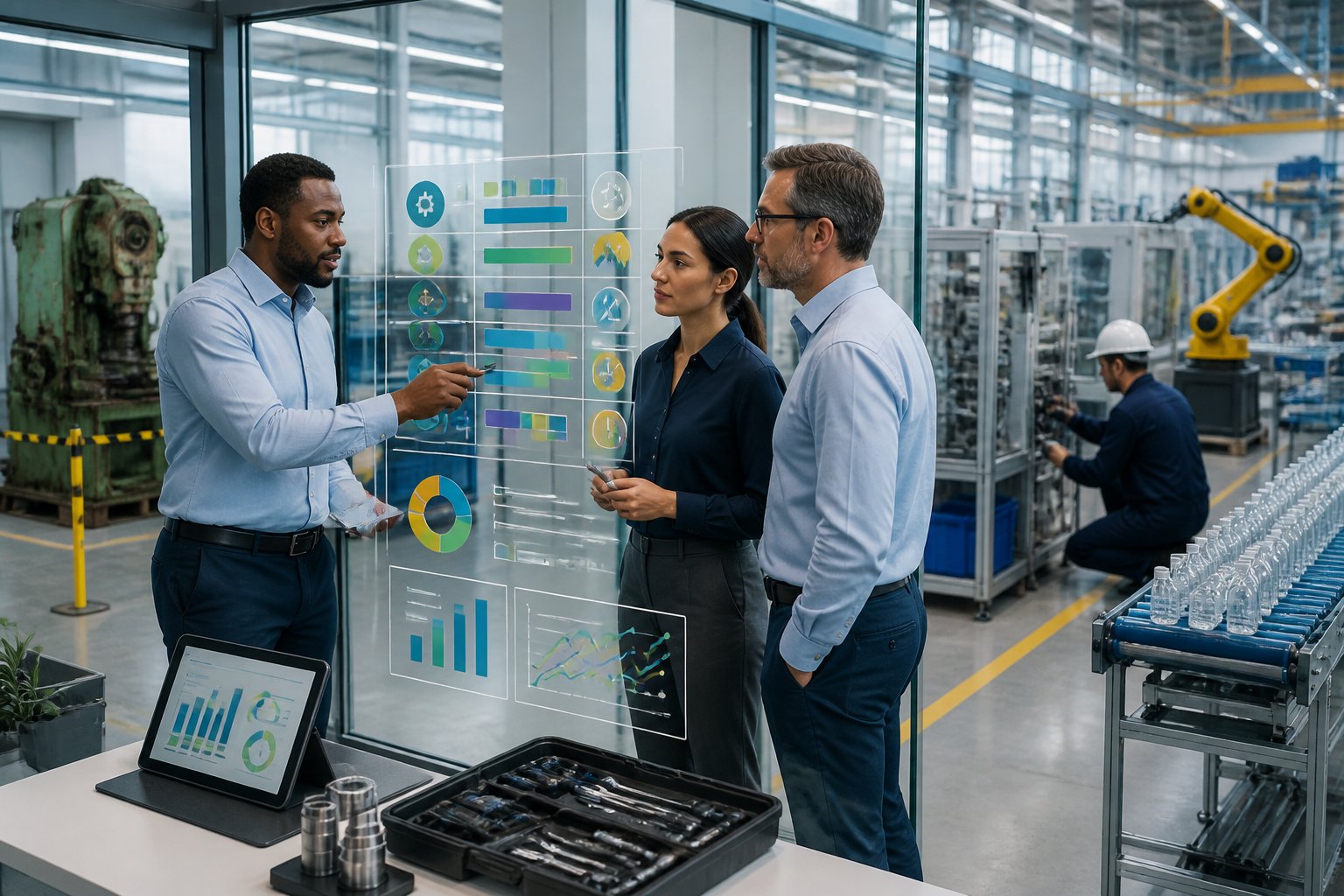 Operations professionals review equipment conditions and production performance in a modern industrial facility.