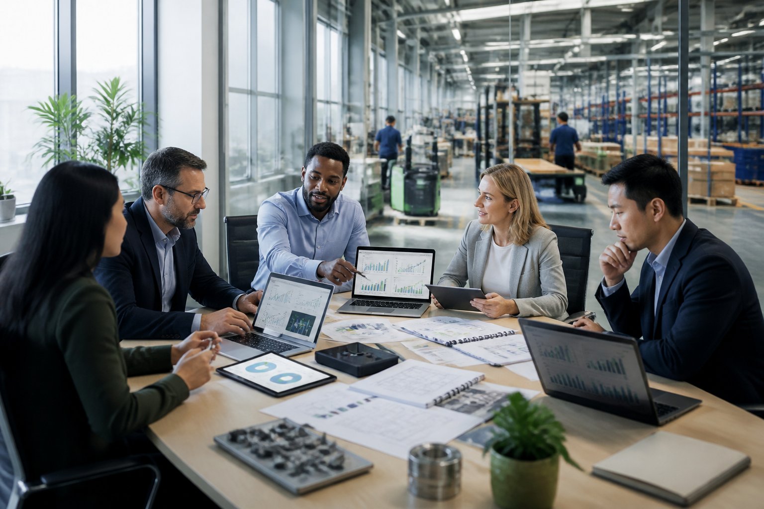 Business leaders review financial data and equipment plans beside a modern warehouse operation.