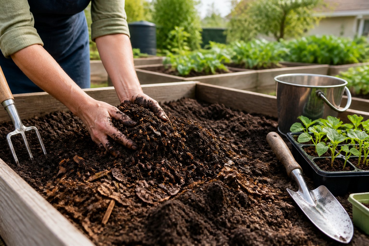 A gardener mixes dark compost into loose soil in a raised garden bed before planting.
