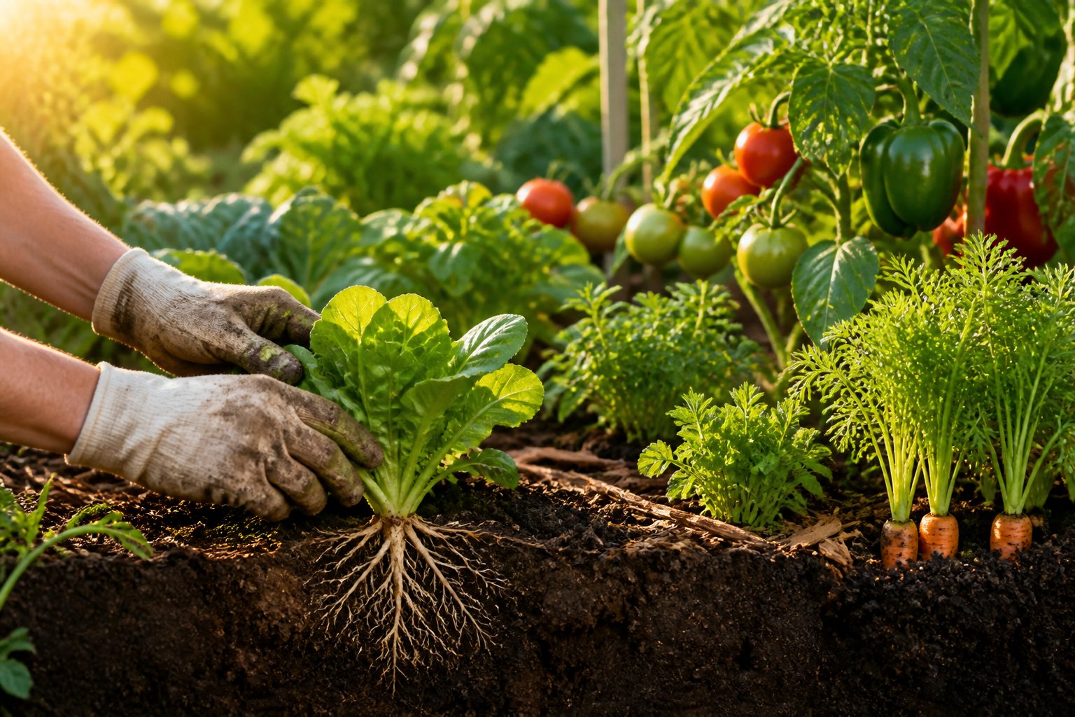 A gardener examines healthy vegetables growing in rich soil in a thriving garden.